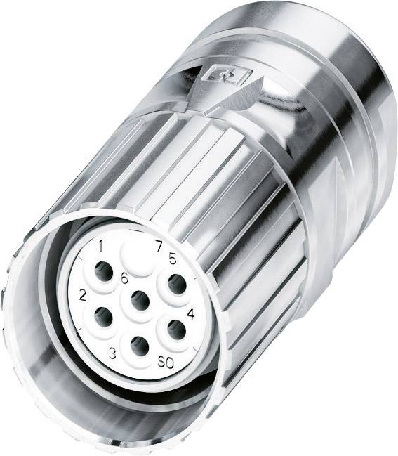 Ein silberner, zylindrischer Stecker mit sieben nummerierten Pins, spezialisiert für industrielle oder elektronische Verbindungen.