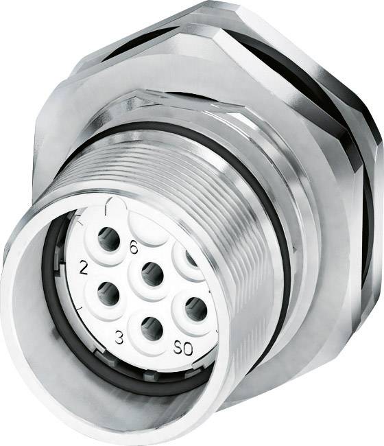 Ein silberner Metallstecker mit mehreren kreisförmig angeordneten Pins, verwendet für industrielle Verkabelungen und elektronische Anschlüsse.