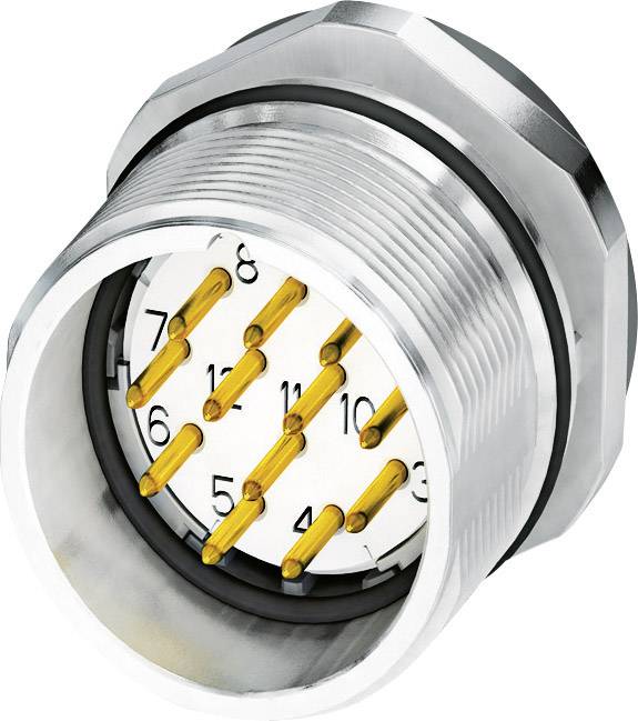 Ein rundes Metallsteckergehäuse mit Zahlen von 1 bis 10 um zehn gelbe Anschlussstifte herum.