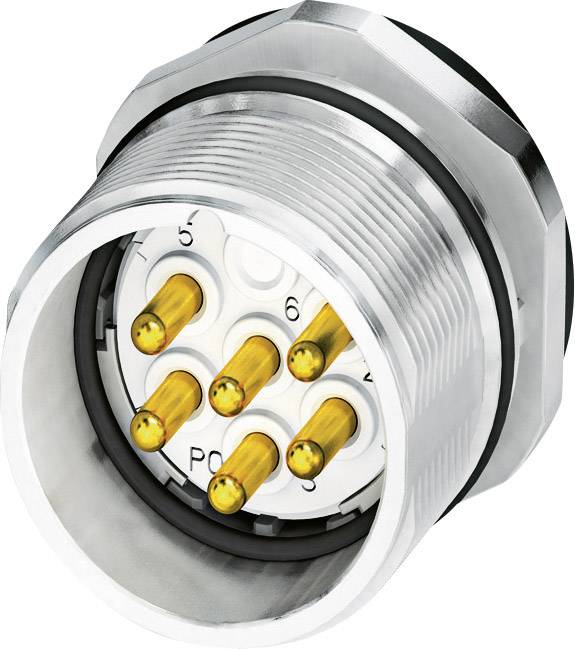 Sechs-poliger, runder Metallstecker mit vergoldeten Stiften, verwendet für robuste elektrische Verbindungen in industriellen Anwendungen.