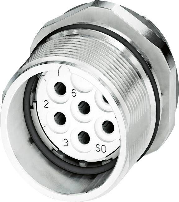 Ein Metall verchromter Anschlussstecker mit acht nummerierten, runden Kontaktöffnungen. Verwendet für elektrische Verbindungen.