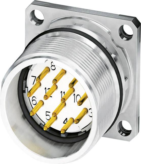 Ein runder Steckverbinder mit Metallgehäuse und mehreren goldfarbenen Stiften, nummeriert von 1 bis 10, für elektrische Verbindungen.