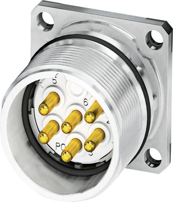 Ein silberner elektrischer Stecker mit mehreren goldfarbenen Kontakten, an einer quadratischen Metallplatte befestigt.