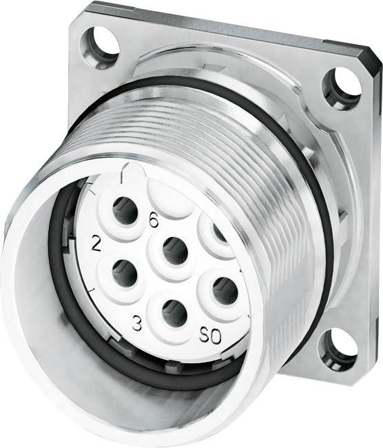 Metallische zylindrische Buchse mit mehreren Anschlusspunkten. Anschlüsse sind durchnummeriert. Eignet sich für elektronische Verbindungen.