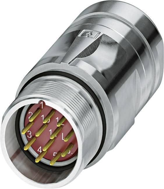 Stecker mit Metallgehäuse und sieben goldenen Kontaktstiften, nummeriert von 1 bis 5 und L, für elektrische Verbindungen.