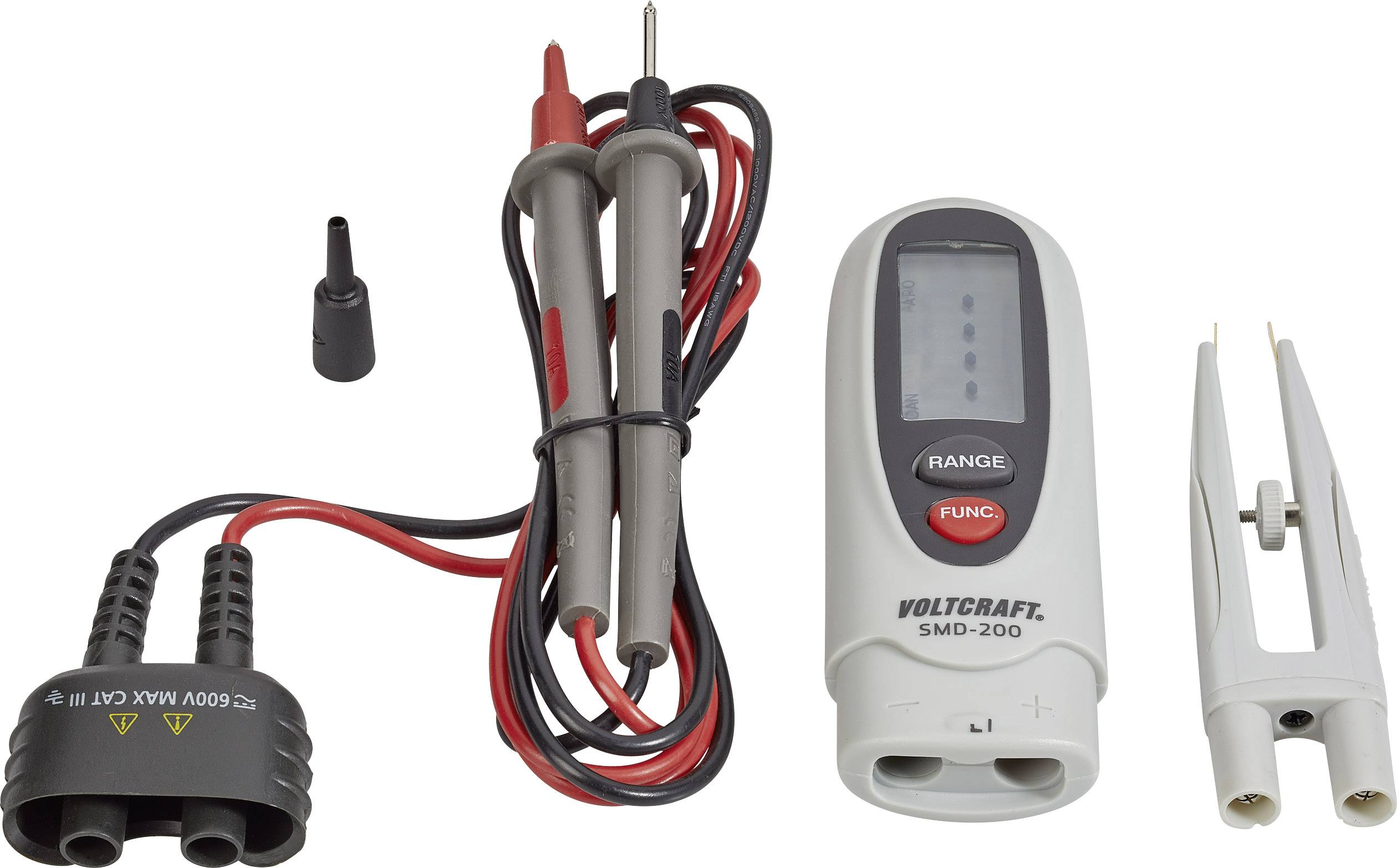 Multimeter mit Messkabeln und Zubehör zur Messung elektrischer Parameter. Modell 'Voltcraft SMD-200'.
