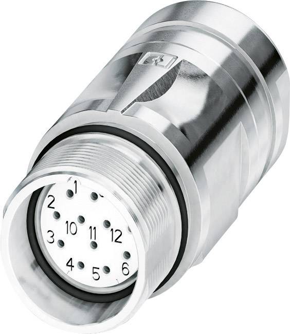 Ein zylindrischer, metallischer Steckverbinder mit 12 nummerierten Pins, geeignet für elektronische Anschlüsse.