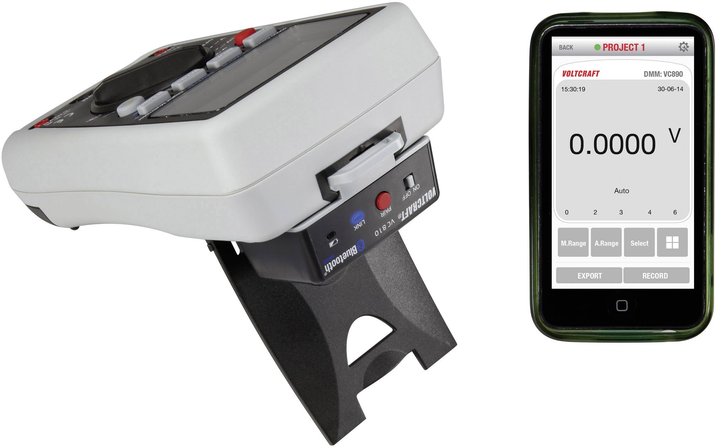 Ein digitales Multimeter und ein Smartphone mit einer App zur Spannungsmessung. Das Multimeter zeigt keine aktuellen Messungen.