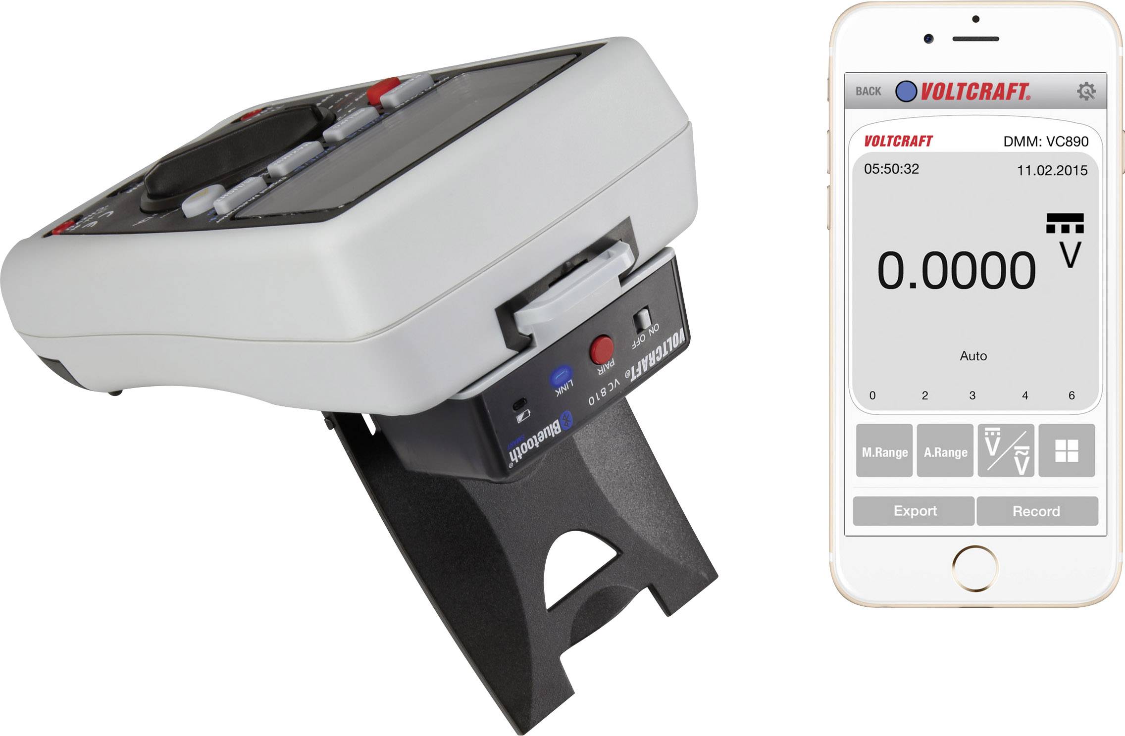 Digitalmultimeter mit Ständer, schräg von der Seite. Daneben ein Smartphone mit geöffneter Voltcraft-App, zeigt Spannung von 0.0000 V.