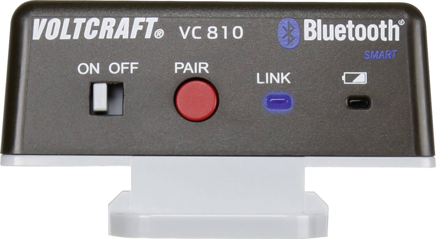 Ein Bluetooth-Adapter von Voltcraft mit einem roten 'Pair'-Knopf, einem An/Aus-Schalter, und einer blauen 'Link'-Leuchte.