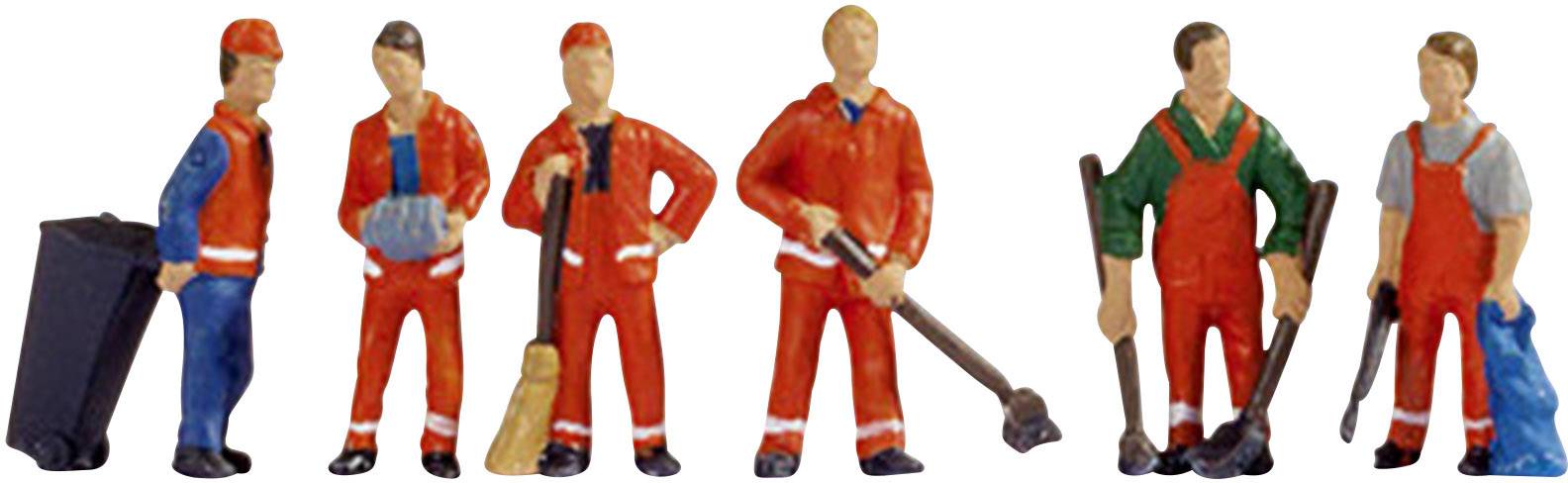 Sechs Figuren in Arbeitskleidung, die verschiedene handwerkliche Tätigkeiten symbolisieren, wie Müllentsorgung und Straßenreinigung.