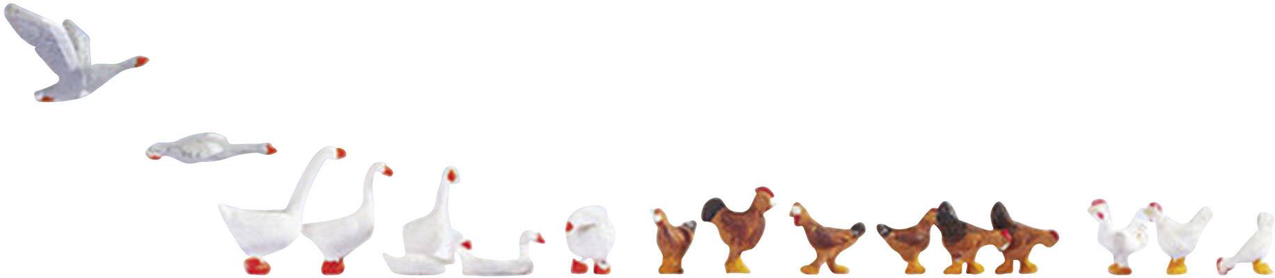Verschiedene Vogelmodelle stehen nebeneinander. Links fliegt eine Möwe, dann folgen weiße Gänse, und rechts stehen Hühner.