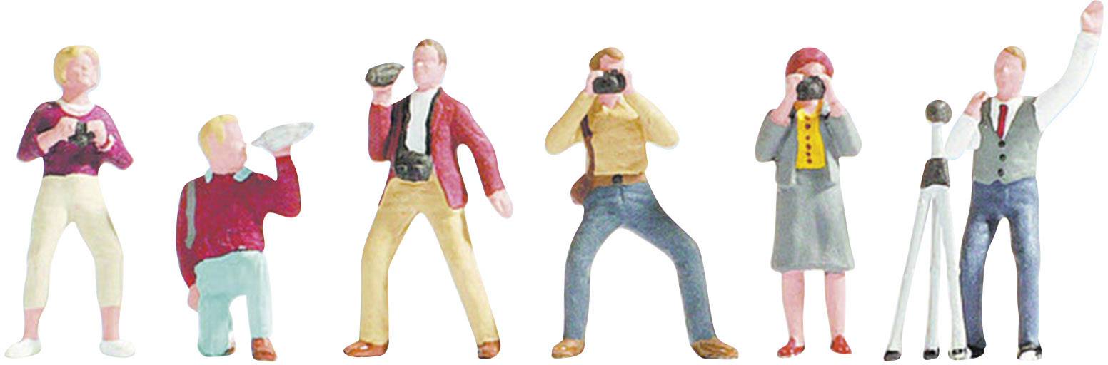 Miniaturfiguren, die Menschen beim Fotografieren in verschiedenen Posen darstellen. Jede Figur hält eine Kamera oder ein Zubehör.
