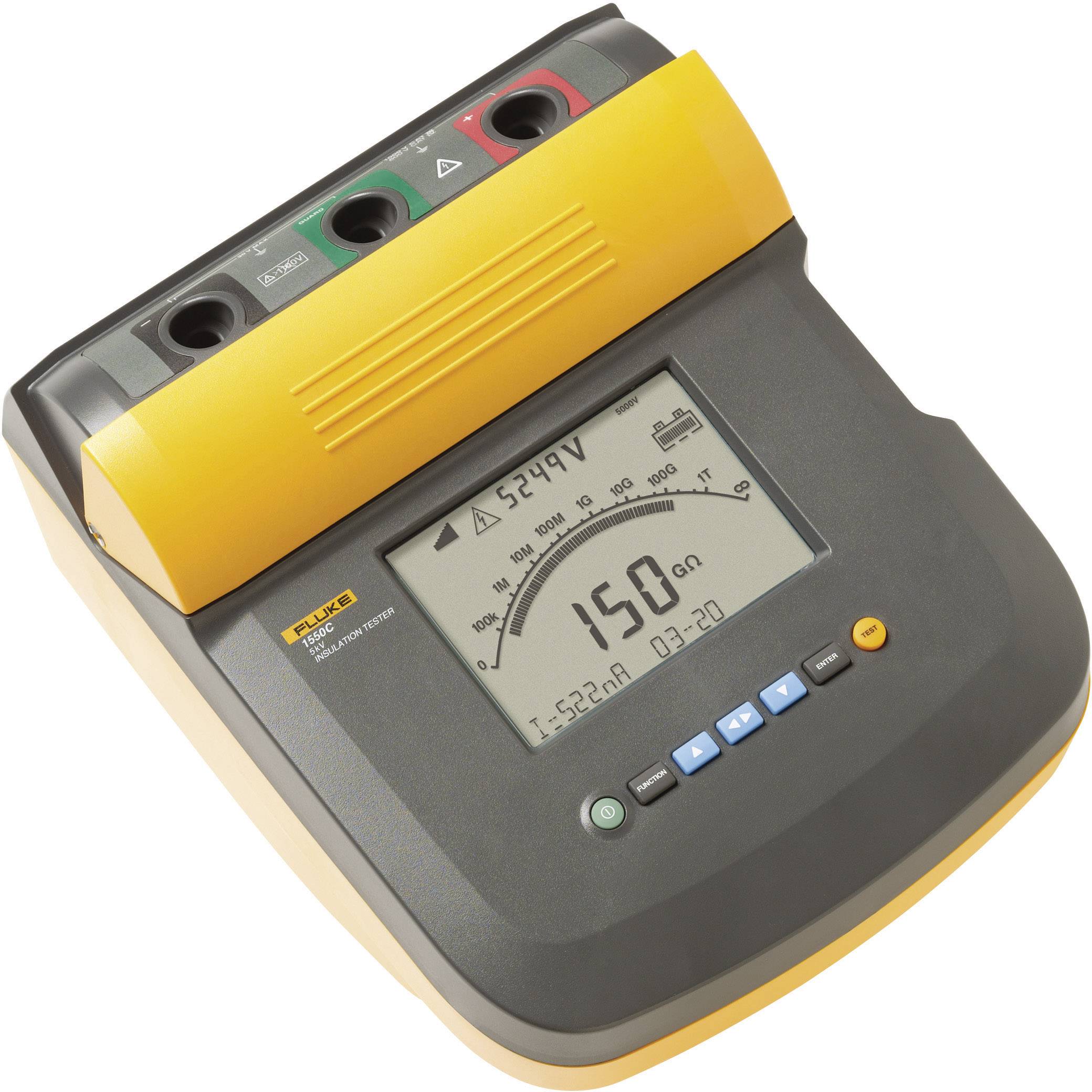 Digitales Messgerät mit gelbem Schutzrahmen, zeigt eine Ohm-Messung von 150 an. Display umfasst Spannung und Stromangabe.