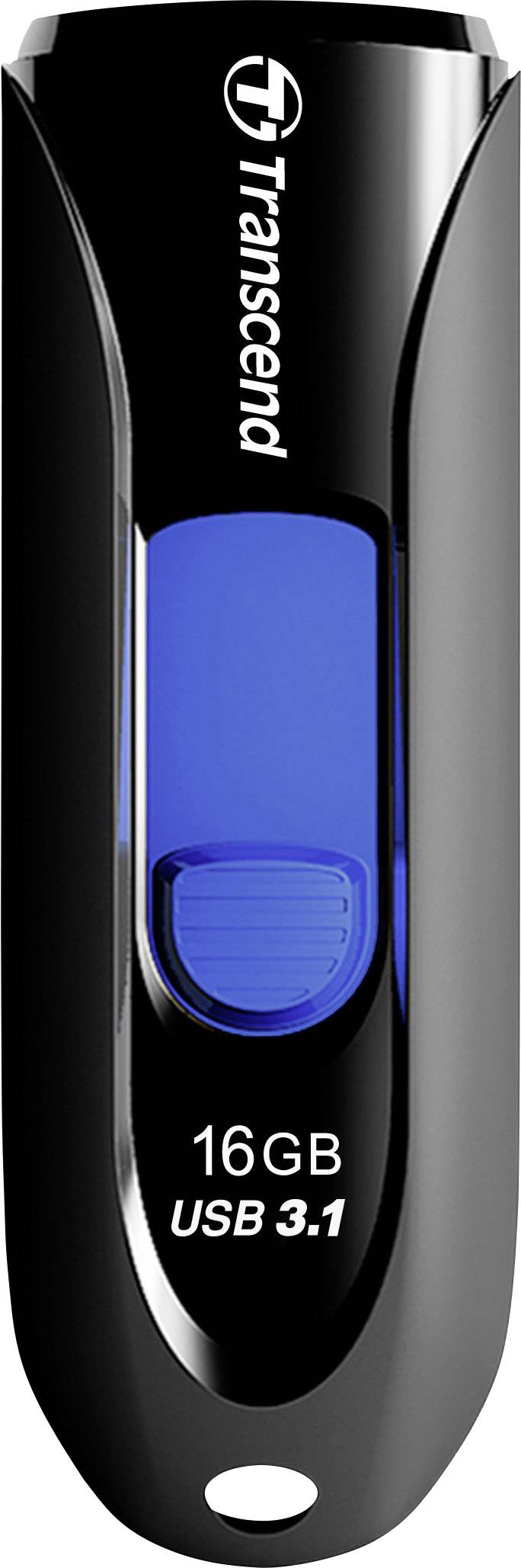 USB-Stick 'Transcend', 16 GB, USB 3.1, schwarze Hülle mit blauem Schiebeverschluss.