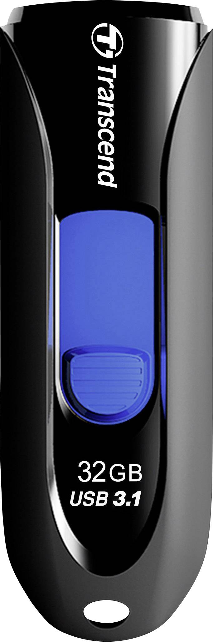Ein schwarzer USB-Stick der Marke Transcend mit blauer Mitte, 32 GB Speicher, USB 3.1 Kompatibilität.