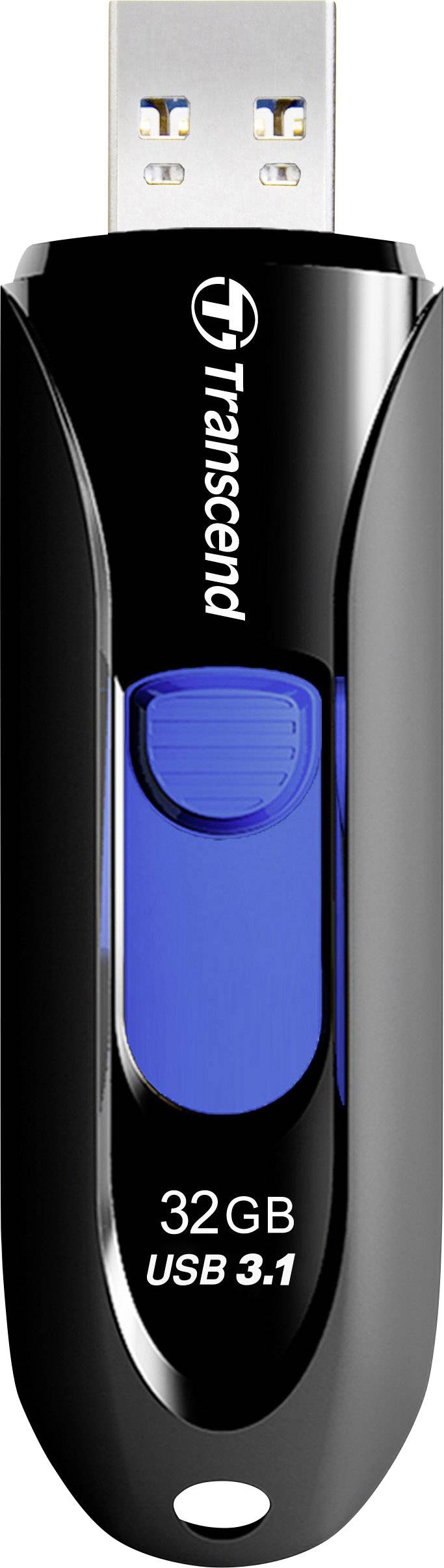 Ein schwarzer USB-Stick mit blauen Akzenten, Kapazität von 32 GB, USB 3.1 kompatibel.
