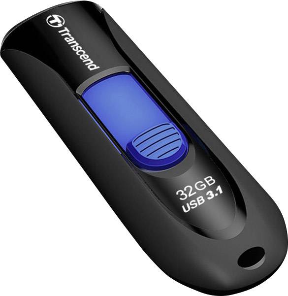 USB-Stick mit 32GB Speicherplatz, USB 3.1-Standard. Schwarz mit blauem Schiebemechanismus. Marke 'Transcend'.