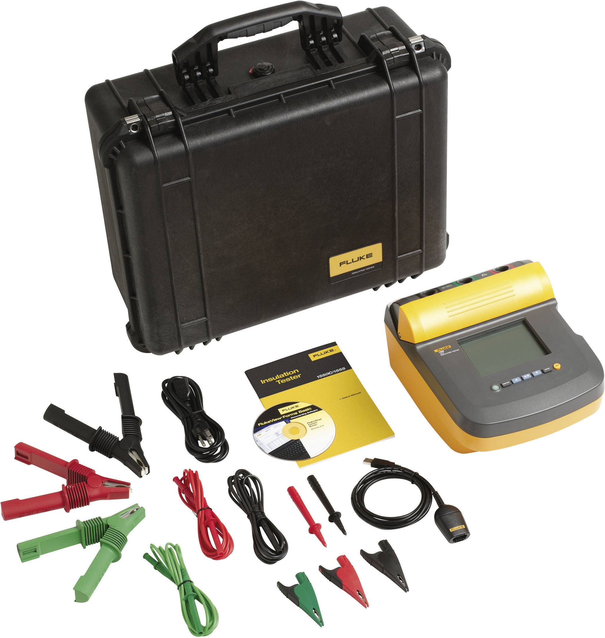 Tragbarer Kabeltester mit schwarzem Hartschalenkoffer, Testleitungen, Clips und Bedienungsanleitung, ideal für Techniker.