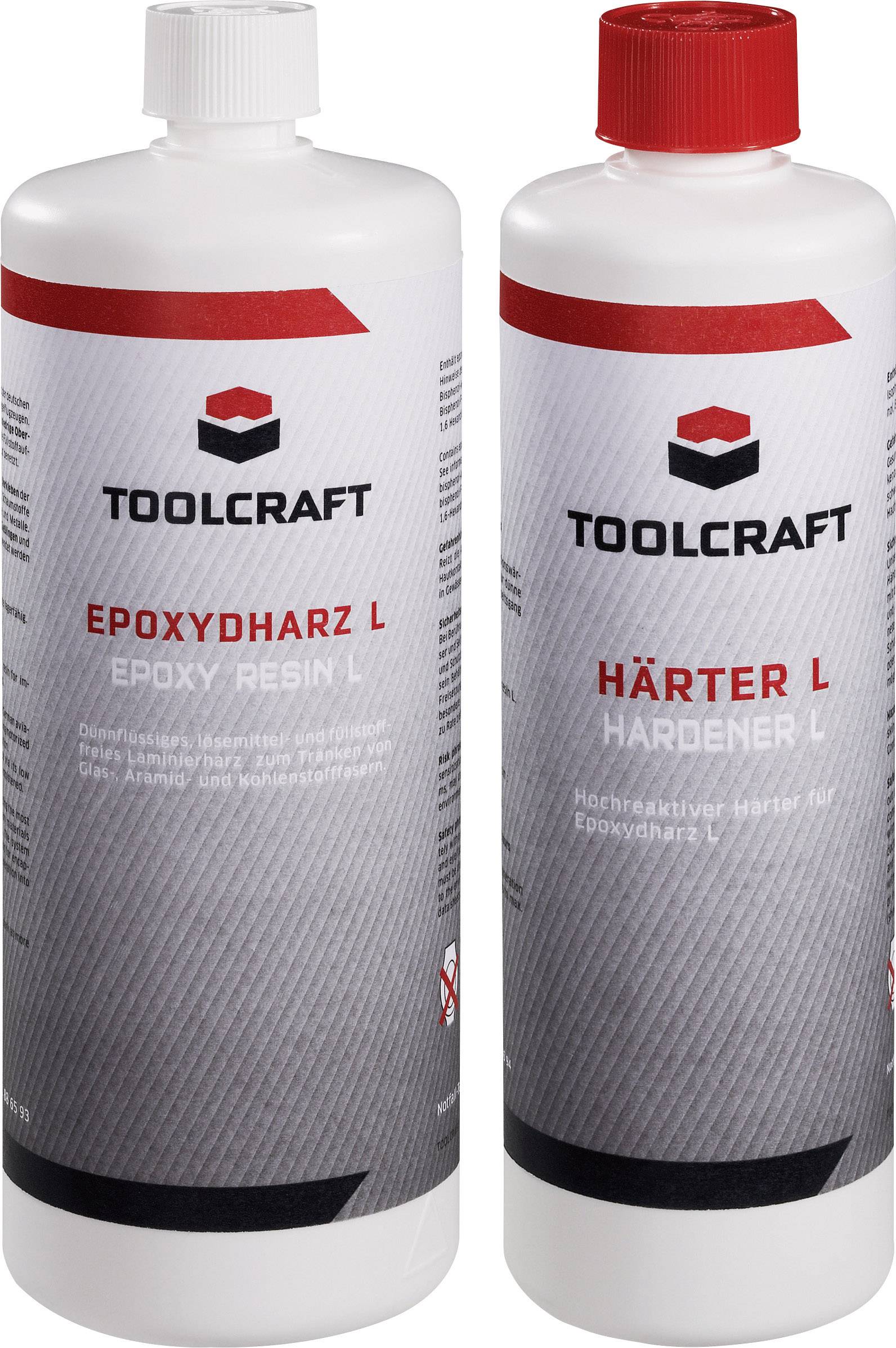 Zwei Flaschen Toolcraft Epoxidharz L und Härter L, jeweils mit roten und weißen Schraubverschlüssen und Etiketten für Epoxidharzprojekte.