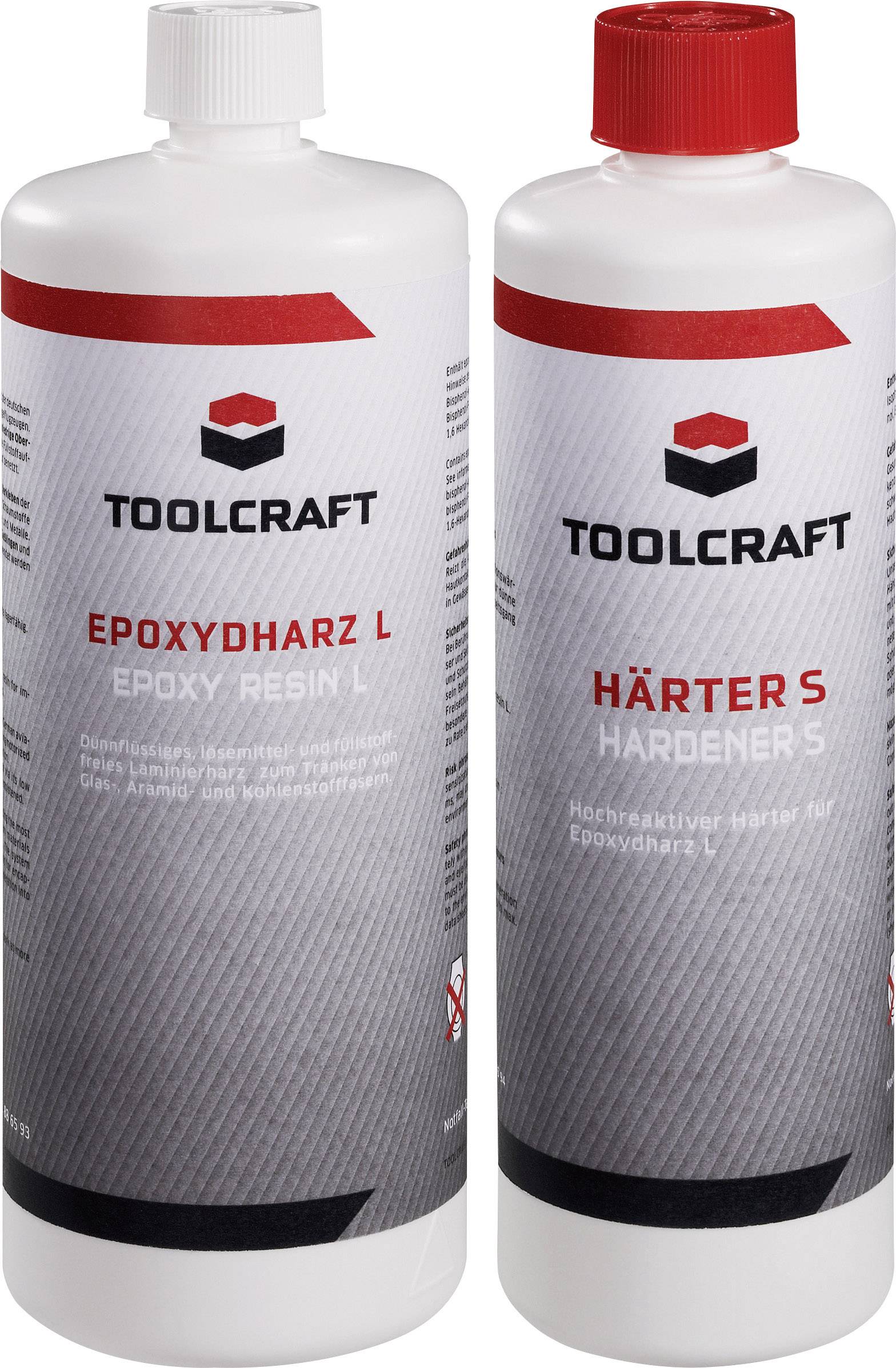Zwei Flaschen: 'Epoxidharz L' und 'Härter S' der Marke Toolcraft. Beide sind für Epoxy-Anwendungen gedacht.