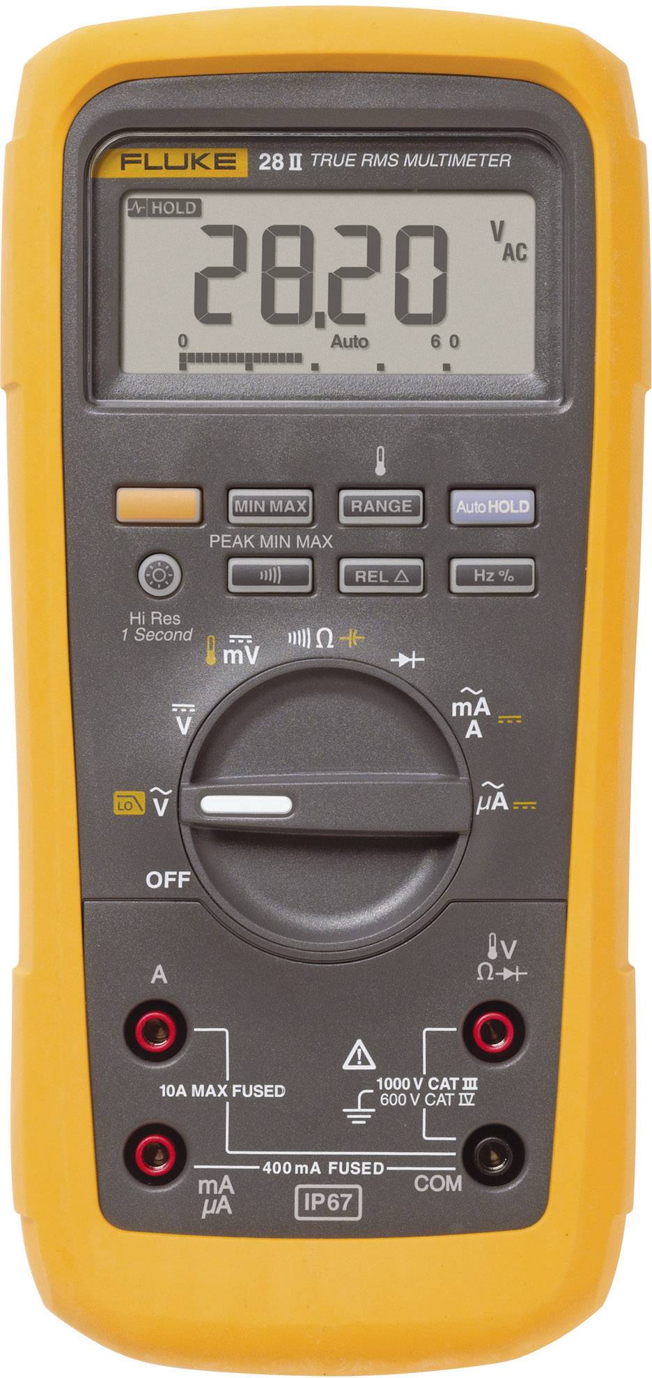 Digitales Multimeter mit orangefarbenem Gehäuse, zeigt '28.20 V AC' an. Es hat Tasten für Funktionen wie 'HOLD', 'RANGE' und 'MIN/MAX'.