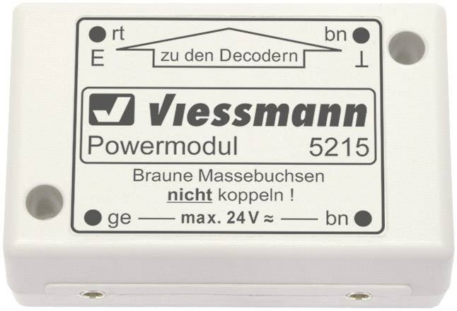 'Viessmann Powermodul 5215' mit Hinweisen zur Verbindung von braunen Massebuchsen. Maximale Spannung: 24V.