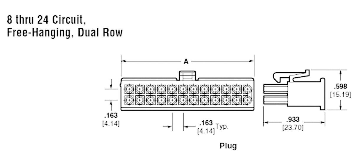 Steckverbinderdiagramm: 8 bis 24-poliger Dual-Row-Stecker, frei hängend, mit Maßangaben in Zoll.
