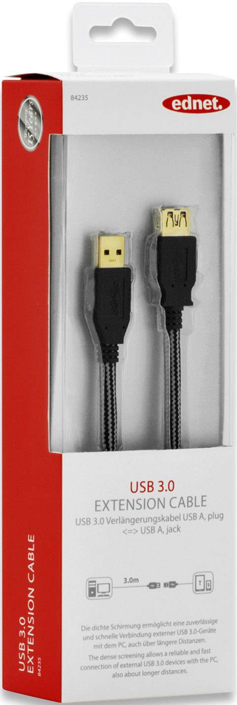 Ednet USB 3.0 Verlängerungskabel [1x USB 3.0 Stecker A - 1x USB 3.0 Buchse A] 3.00m Schwarz vergoldete Steckkontakte