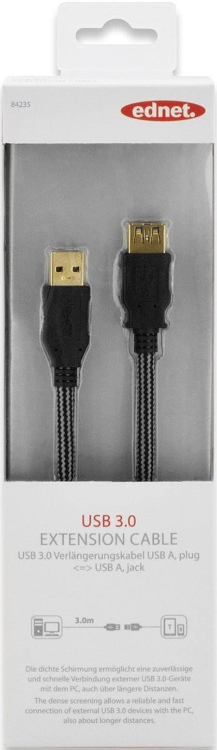 Ednet USB 3.0 Verlängerungskabel [1x USB 3.0 Stecker A - 1x USB 3.0 Buchse A] 3.00m Schwarz vergoldete Steckkontakte