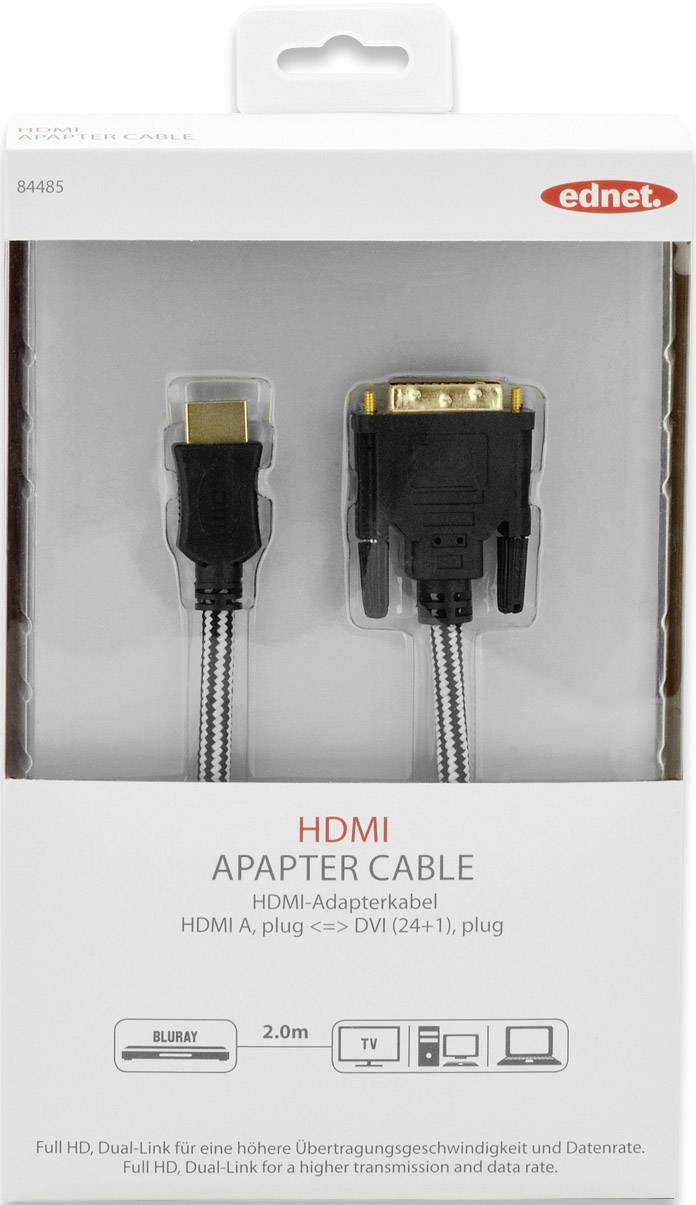 Ednet HDMI / DVI Anschlusskabel 2.00m 84485 vergoldete Steckkontakte Schwarz [1x HDMI-Stecker - 1x DVI-Stecker 24+1pol.]