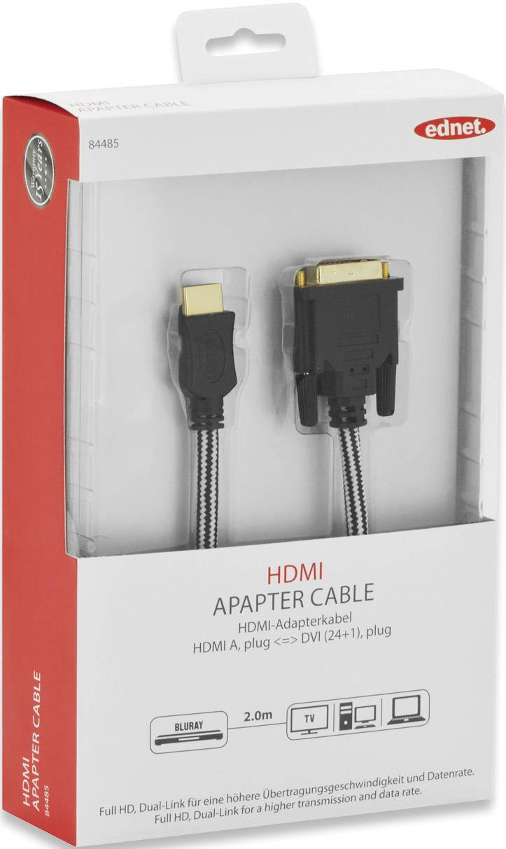 Ednet HDMI / DVI Anschlusskabel 2.00m 84485 vergoldete Steckkontakte Schwarz [1x HDMI-Stecker - 1x DVI-Stecker 24+1pol.]