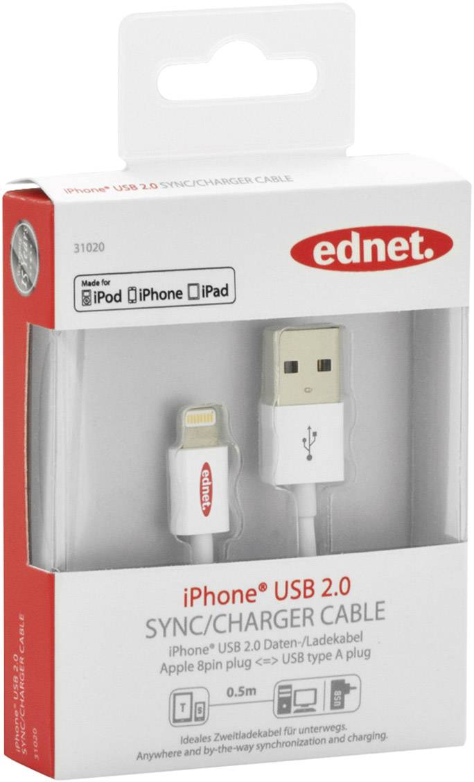 Ednet iPad/iPhone/iPod Ladekabel/Datenkabel [1x USB 2.0 Stecker A - 1x Apple Lightning-Stecker] 0.50m Weiß