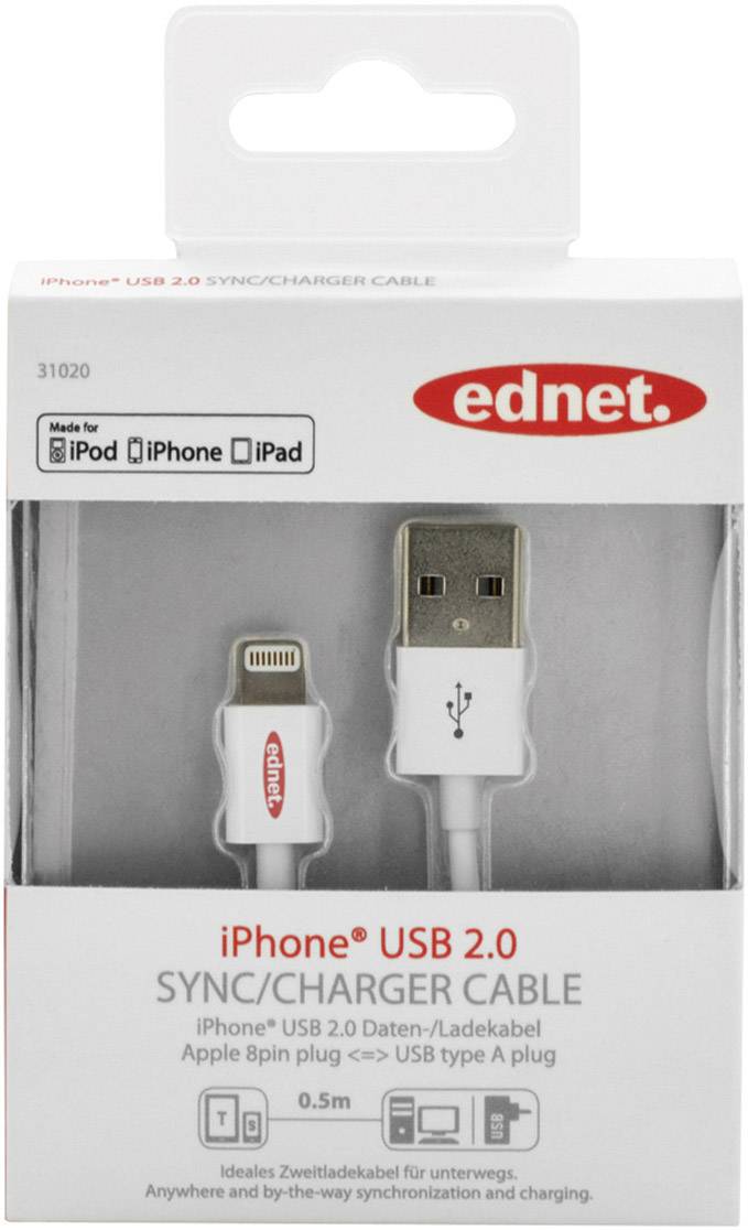 Ednet iPad/iPhone/iPod Ladekabel/Datenkabel [1x USB 2.0 Stecker A - 1x Apple Lightning-Stecker] 0.50m Weiß