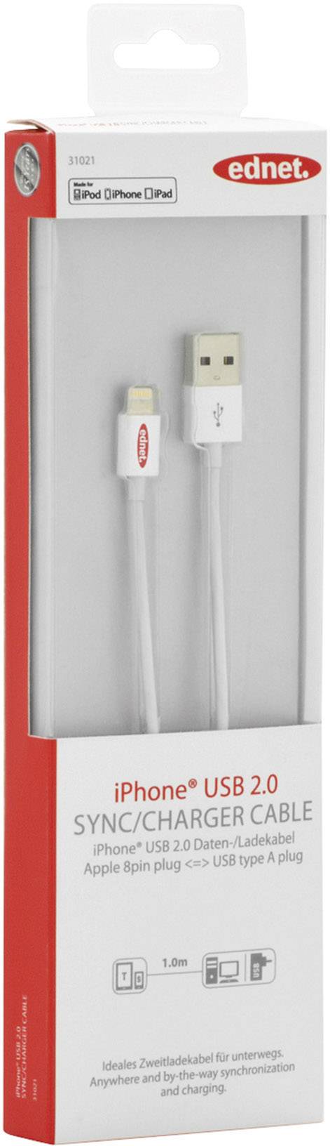 Ednet iPad/iPhone/iPod Ladekabel/Datenkabel [1x USB 2.0 Stecker A - 1x Apple Lightning-Stecker] 1.00m Weiß