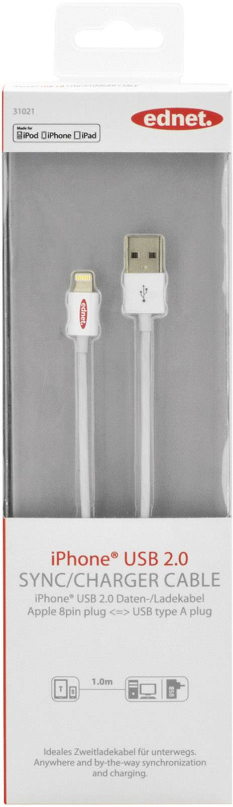 Ednet iPad/iPhone/iPod Ladekabel/Datenkabel [1x USB 2.0 Stecker A - 1x Apple Lightning-Stecker] 1.00m Weiß