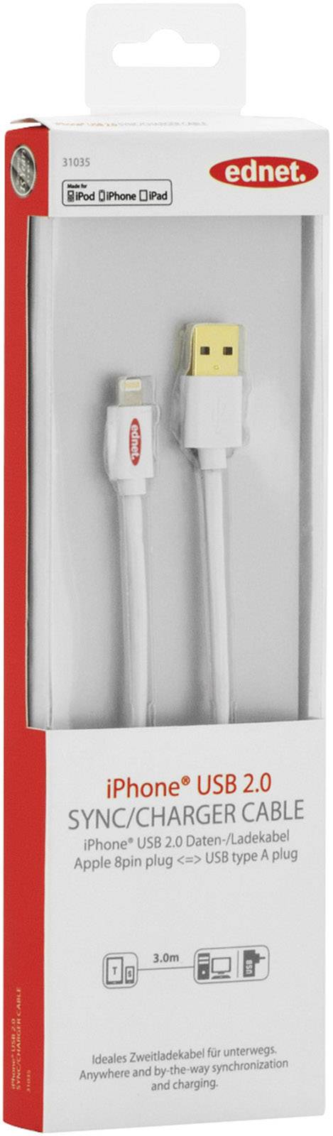 Ednet iPad/iPhone/iPod Ladekabel/Datenkabel [1x USB 2.0 Stecker A - 1x Apple Lightning-Stecker] 3.00m Weiß
