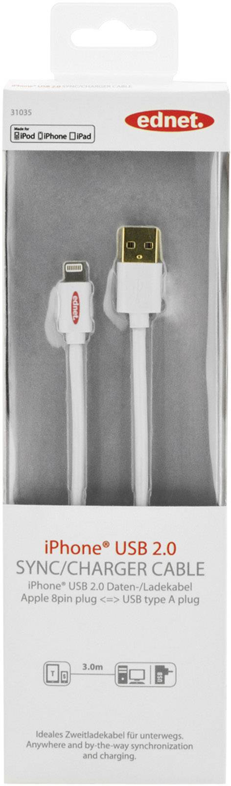 Ednet iPad/iPhone/iPod Ladekabel/Datenkabel [1x USB 2.0 Stecker A - 1x Apple Lightning-Stecker] 3.00m Weiß