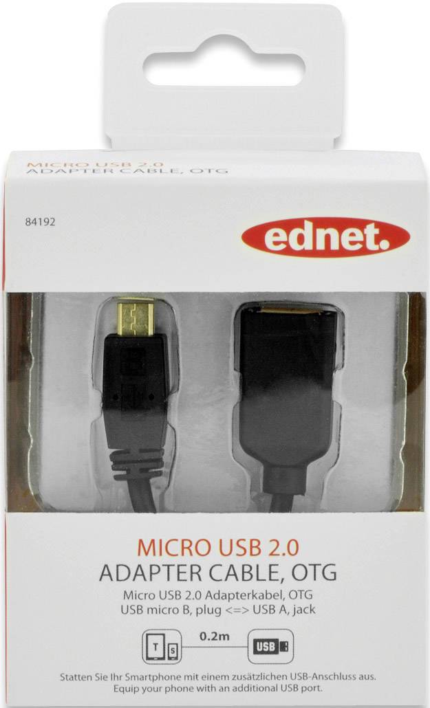 Ednet USB-Kabel USB 2.0 USB-Micro-B Stecker, USB-A Buchse 20.00cm Schwarz vergoldete Steckkontakte