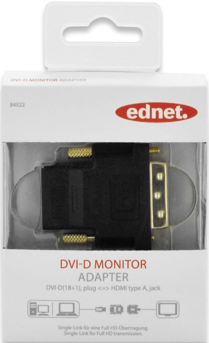 ednet 84522 HDMI / DVI Adapter [1x HDMI-Buchse - 1x DVI-Stecker 18+1pol.] Schwarz schraubbar, vergoldete Steckkontakte