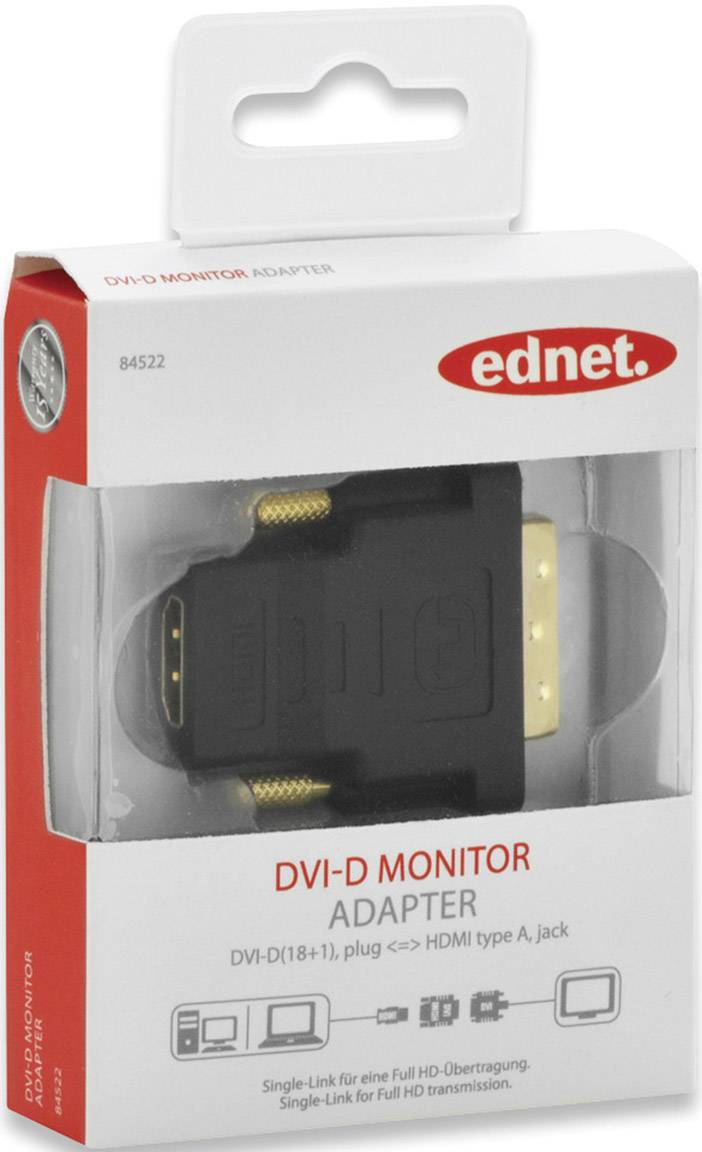 Ednet 84522 HDMI / DVI Adapter [1x HDMI-Buchse - 1x DVI-Stecker 18+1pol.] Schwarz schraubbar, vergoldete Steckkontakte