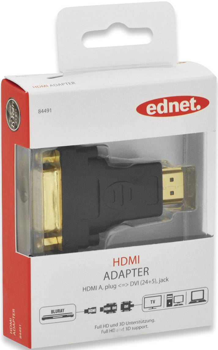 Ednet 84491 DVI / HDMI Adapter [1x HDMI-Stecker - 1x DVI-Buchse 24+5pol.] Schwarz vergoldete Steckkontakte, schraubbar