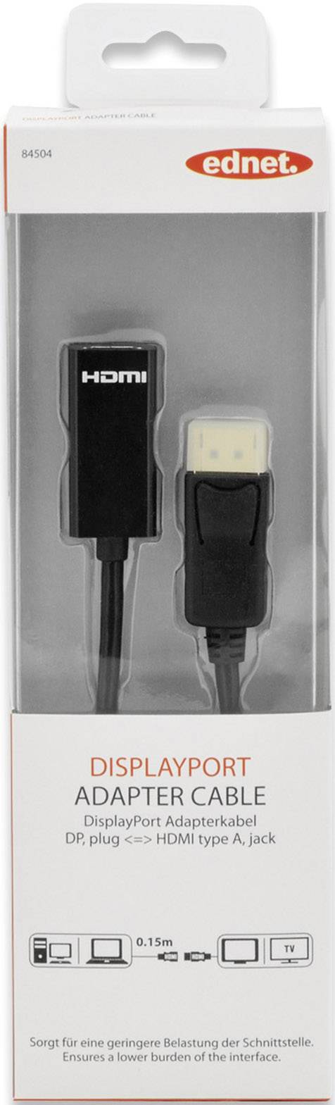 Ednet DisplayPort / HDMI Anschlusskabel 15.00cm 84504 vergoldete Steckkontakte Schwarz [1x DisplayPort Stecker - 1x HDMI-Buchse]