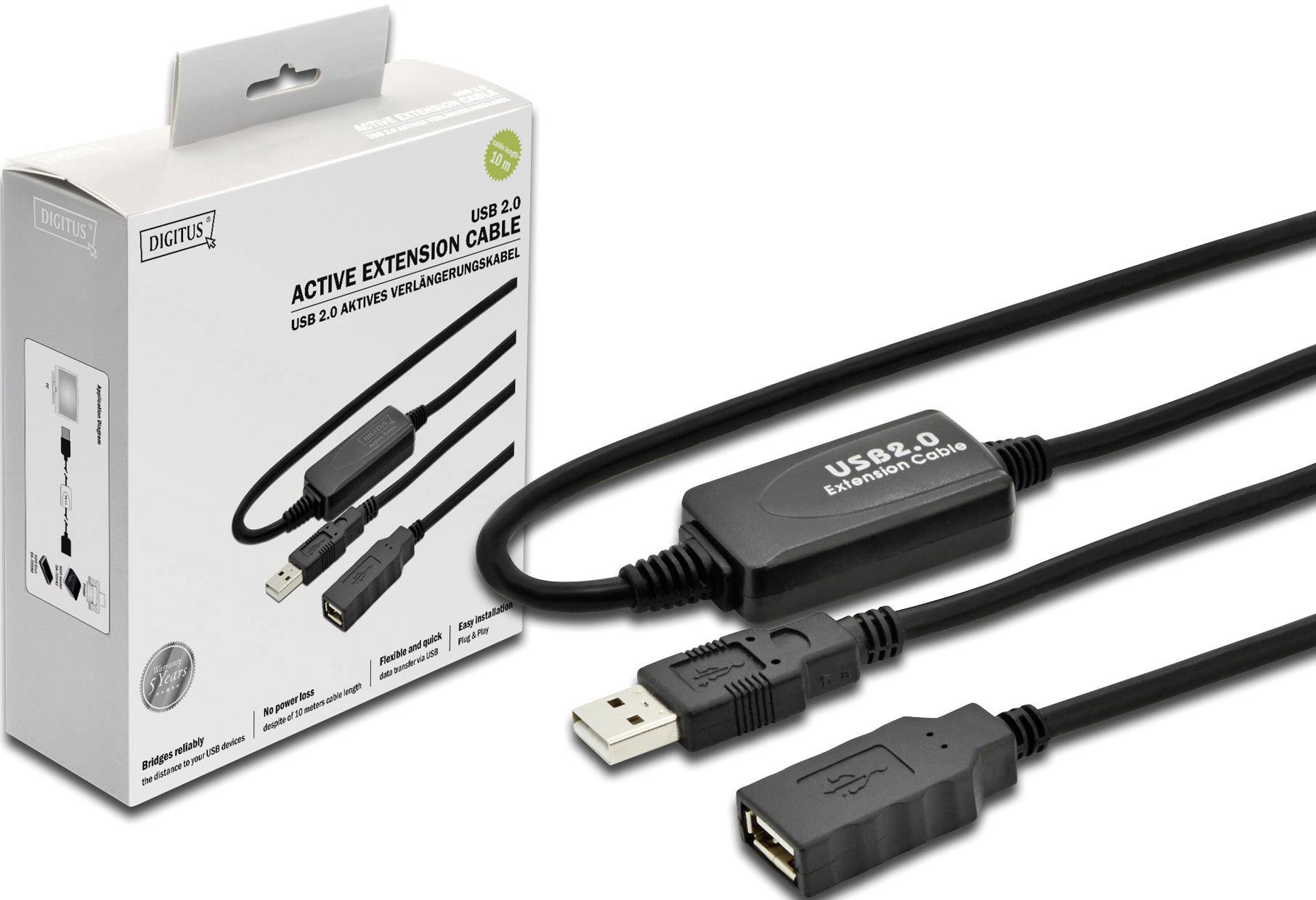 USB 2.0-Verlängerungskabel, aktiv, mit Verstärker für stabile Signalübertragung. Verpackung zeigt Kabel mit USB A-Steckern.