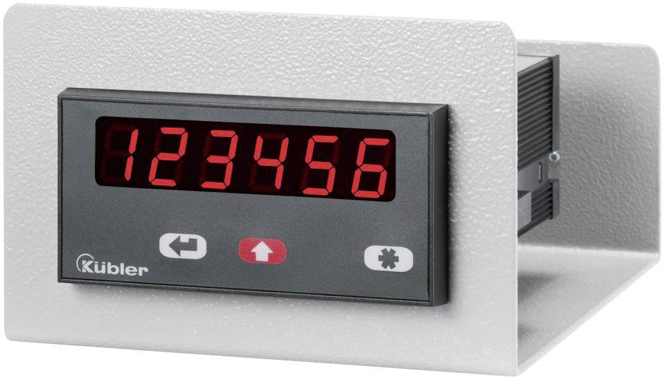 Elektronisches Zählgerät mit rotem LED-Display zeigt '123456'. Es hat drei Bedientasten darunter.
