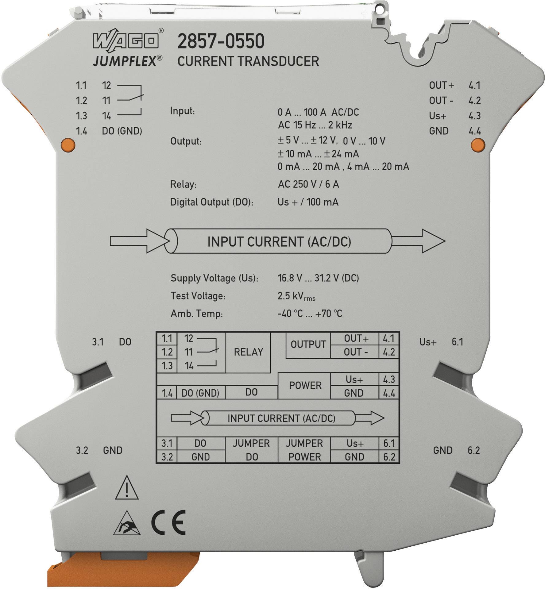 WAGO JUMPFLEX Stromwandler, Modell 2857-0550. Zeigt Eingangsbereich, Ausgang, Versorgungsspannung und elektrische Spezifikationen.