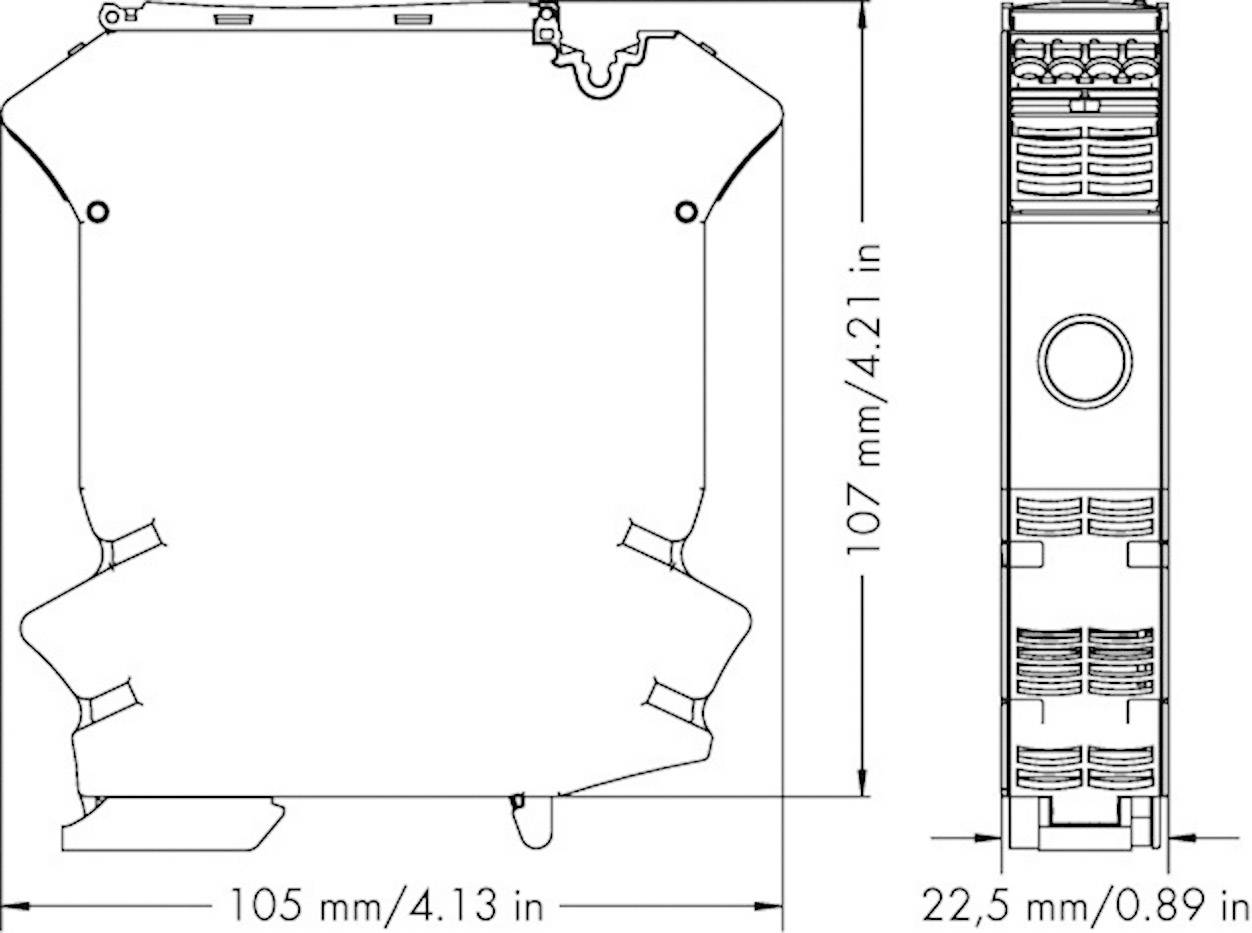 Technische Zeichnung eines elektrischen Geräts mit Abmessungen: Breite 105 mm/4,13 in, Höhe 107 mm/4,21 in, Tiefe 22,5 mm/0,89 in.