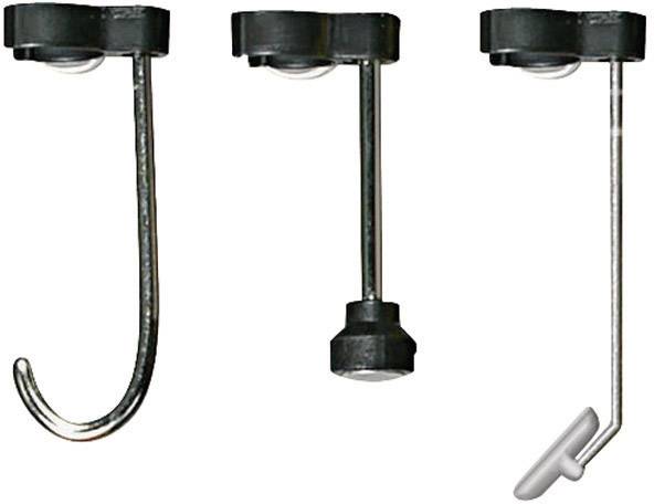 Drei verschiedene Haken: links ein S-Haken, in der Mitte ein gerader Haken mit rundem Fuß, rechts ein Haken mit verdrehtem Ende.