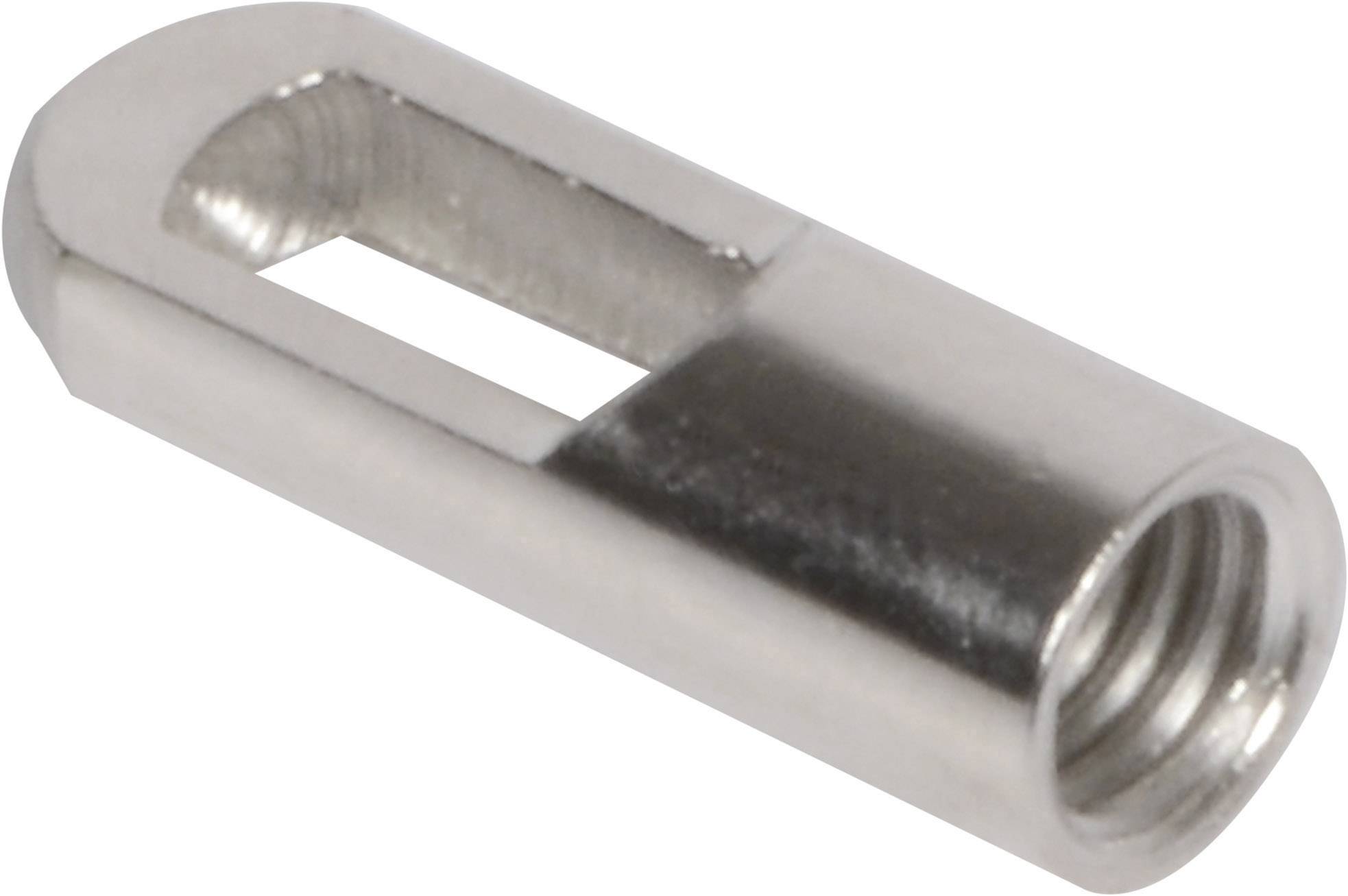 Ein metallischer Bolzen mit einer länglichen Aussparung und einem Gewinde auf der inneren Seite. Eignet sich für mechanische Verbindungen.