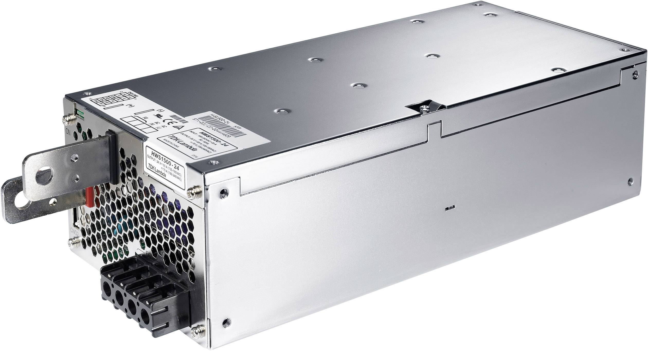 Ein silbernes Netzteil für Server mit Belüftungsgitter und Anschlusskabel auf der einen Seite.